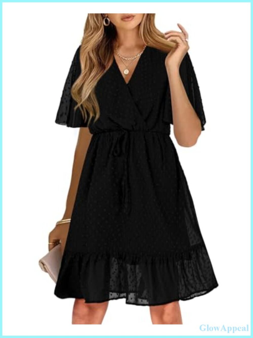 Casual Mini Dress Ruffle Hem High Waist Drawstring V-Neck Short Sleeve Floral